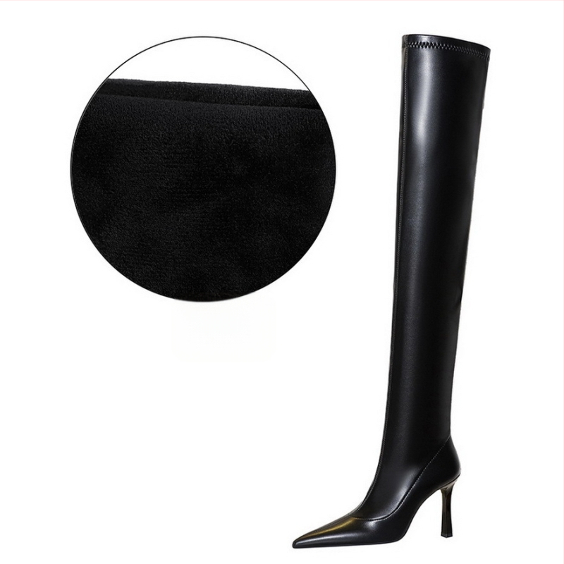 365-16 európai és amerikai stílusú téli egyszerű csizma szuper magas sarkú tűsarkú hegyes orrú szexi lábszár karcsúsító megjelenésű térdig érő csizma
