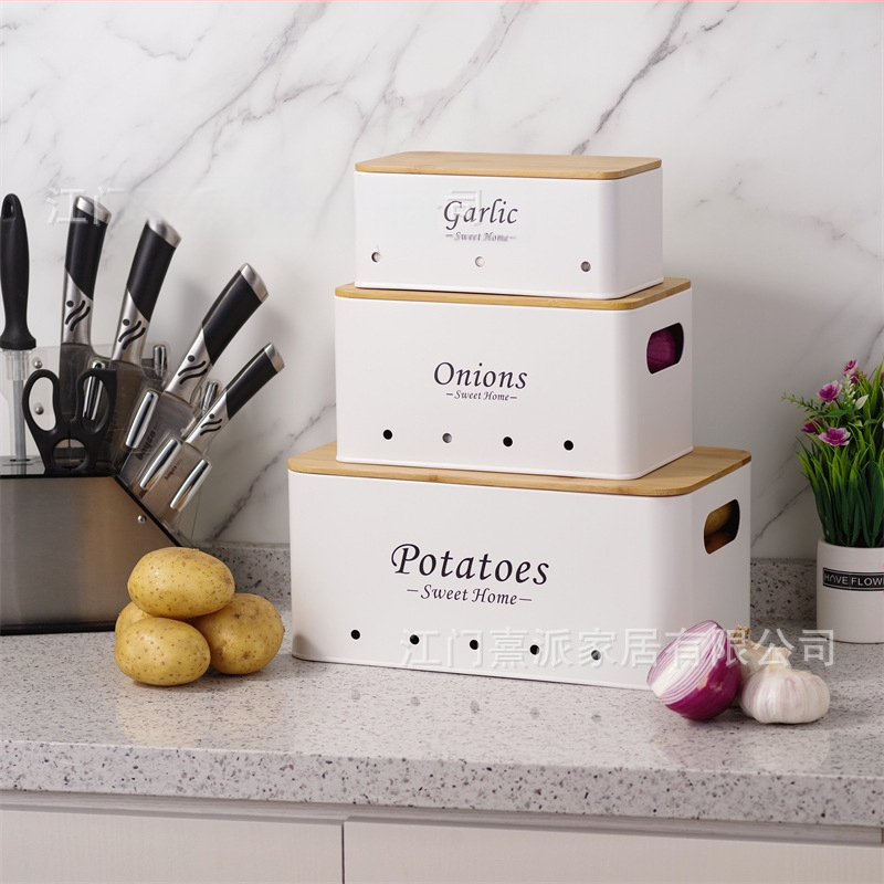Piiriülene eripakkumine kandilise bambuskattega kartuli, sibula, küüslaugu hoiukasti jaoks, köögis multifunktsionaalne virnastatud toidu säilitamine