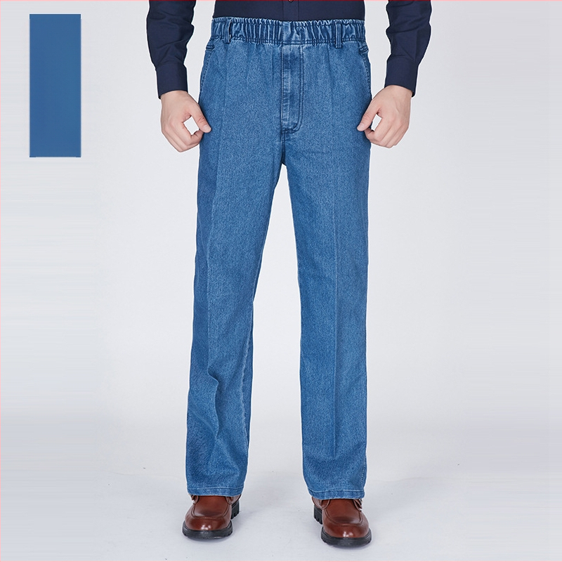 Nyári laza, egyenes szárú férfi lezser farmer, magas derekú és mély üleppel, laza, középkorúaknak és időseknek való vékony, elasztikus derekú farmer.