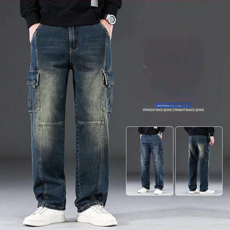 2025 m. naujos „High Street Jeans“ vyriškos laisvos, plačios, madingos, tiesaus kirpimo, laisvalaikio kelnės su keliomis kišenėmis, ilgos vyriškos kelnės