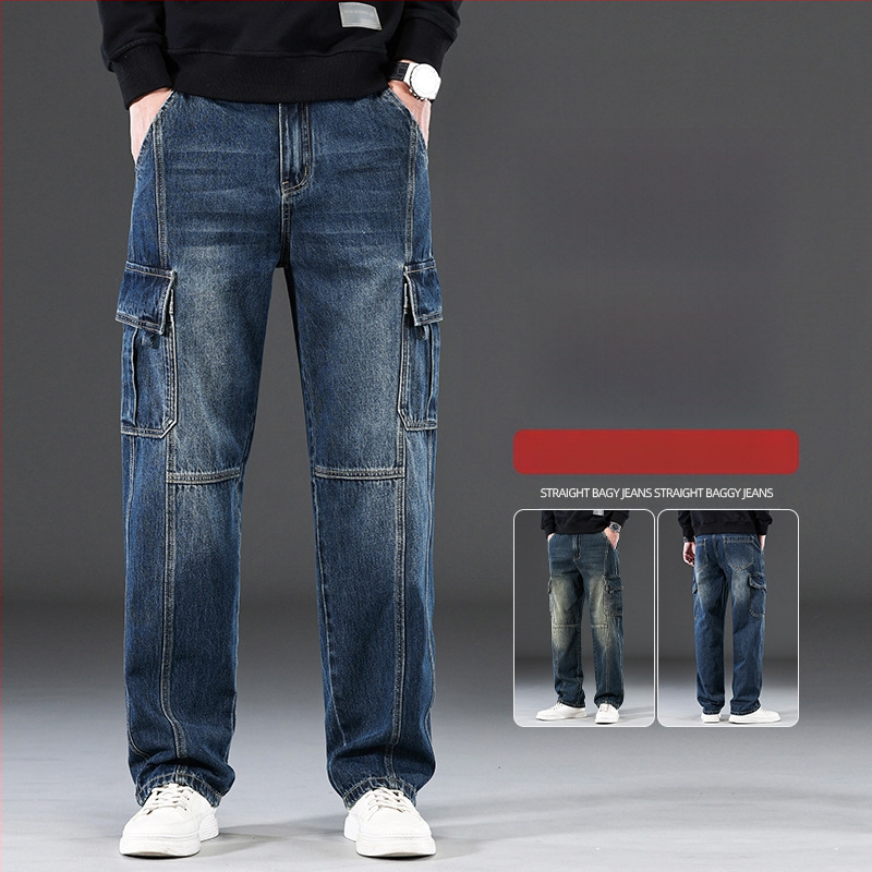 2025 m. naujos „High Street Jeans“ vyriškos laisvos, plačios, madingos, tiesaus kirpimo, laisvalaikio kelnės su keliomis kišenėmis, ilgos vyriškos kelnės