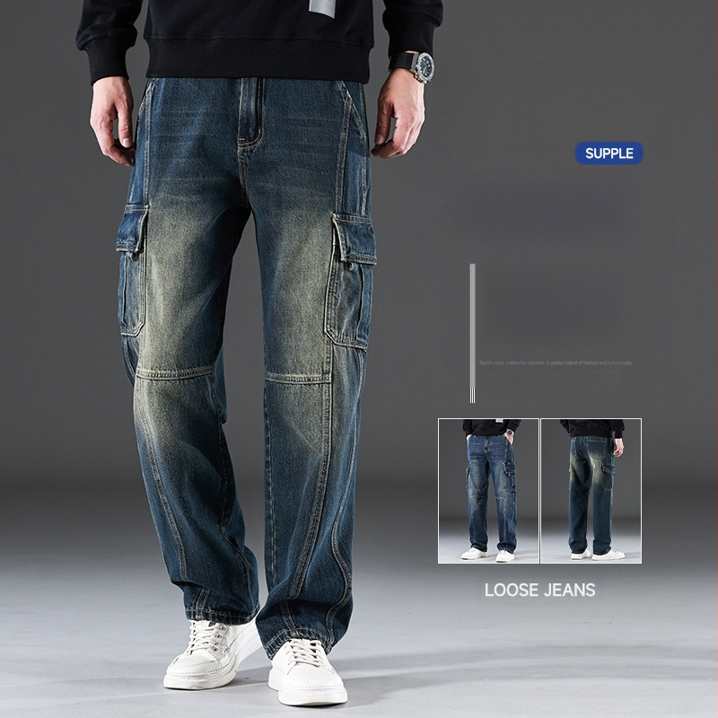 2025 m. naujos „High Street Jeans“ vyriškos laisvos, plačios, madingos, tiesaus kirpimo, laisvalaikio kelnės su keliomis kišenėmis, ilgos vyriškos kelnės