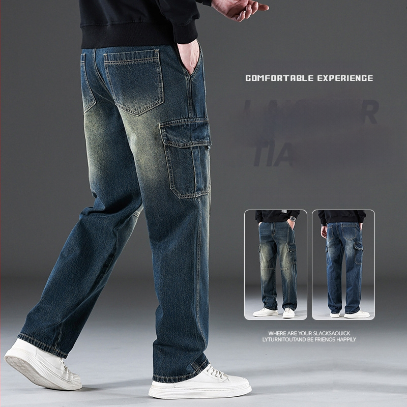 2025 m. naujos „High Street Jeans“ vyriškos laisvos, plačios, madingos, tiesaus kirpimo, laisvalaikio kelnės su keliomis kišenėmis, ilgos vyriškos kelnės