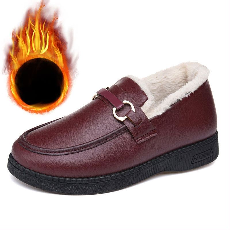 2025-ös téli új, hétköznapi bőr pamut csizma középkorú és idős nőknek, bebújós, polár bélésű, vastagított, meleg, vastag talpú bőrcipő