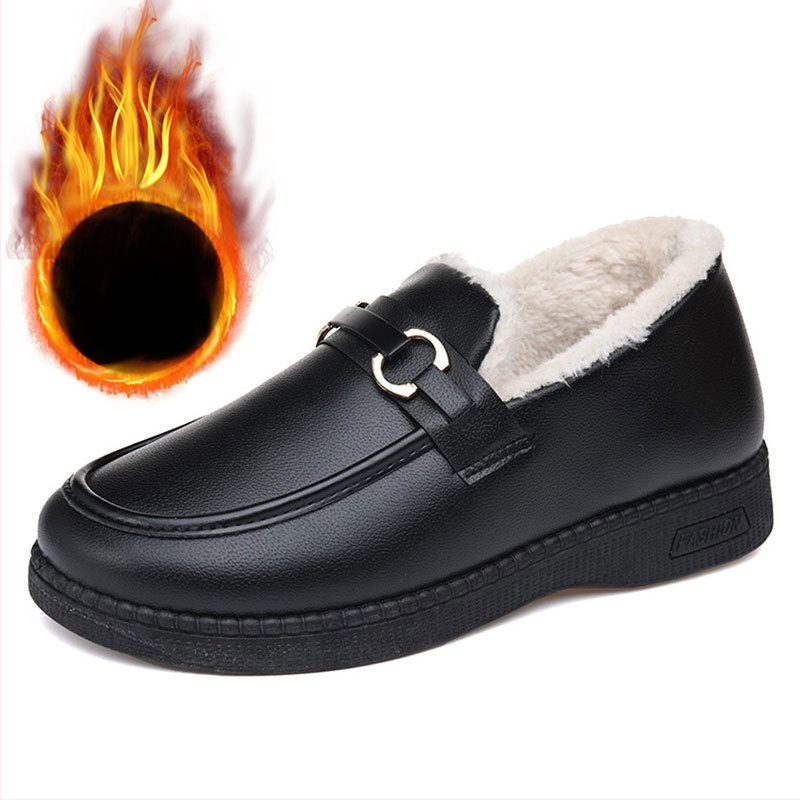 2025-ös téli új, hétköznapi bőr pamut csizma középkorú és idős nőknek, bebújós, polár bélésű, vastagított, meleg, vastag talpú bőrcipő