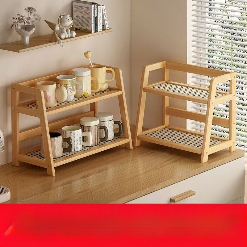 2025 Új, krémszínű rattan utánzatú, kétrétegű asztali tárolóállvány, konyhai tárolóállvány