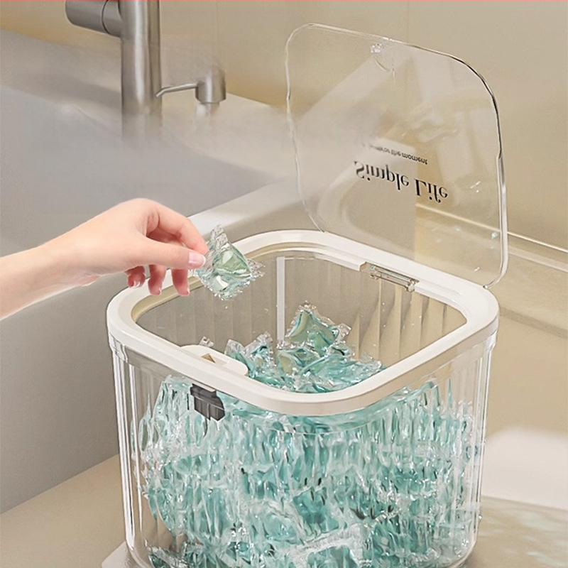 Artefact de depozitare a perlelor detergentului de rufe, cutie de depozitare a prafului de rufe, găleată, borcan, cutie specială de depozitare cu etanșare a perlelor pentru mașina de spălat vase, tip presare