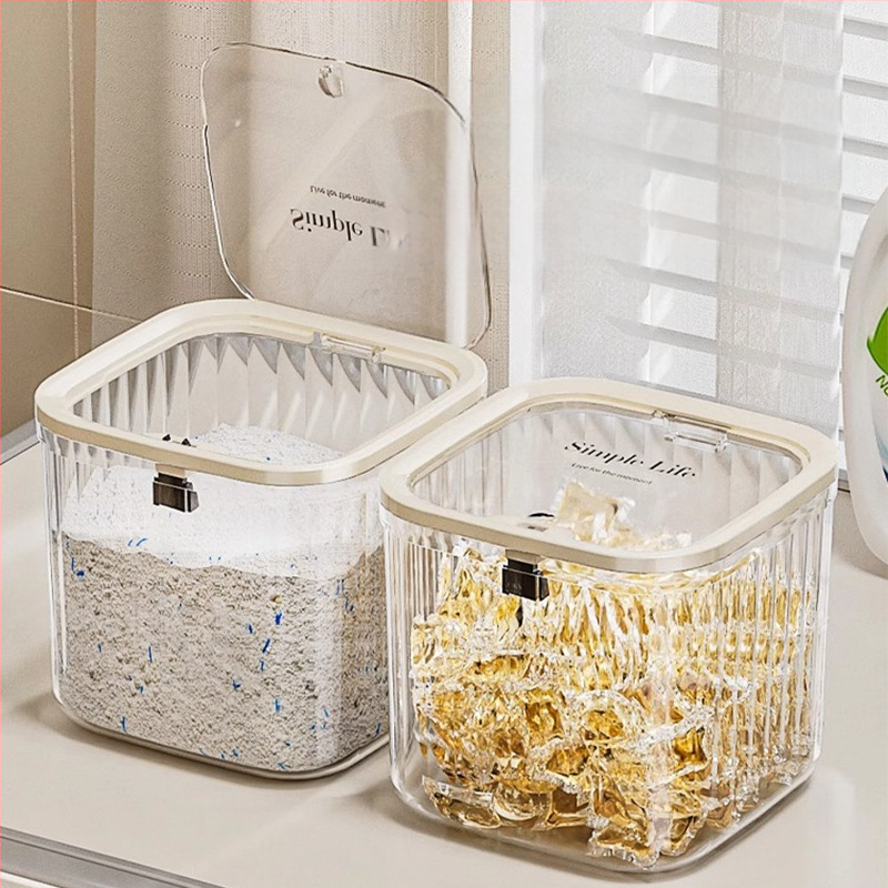 Artefact de depozitare a perlelor detergentului de rufe, cutie de depozitare a prafului de rufe, găleată, borcan, cutie specială de depozitare cu etanșare a perlelor pentru mașina de spălat vase, tip presare