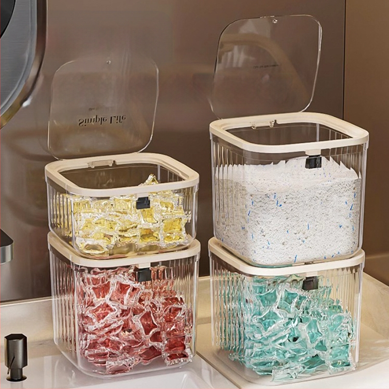 Artefact de depozitare a perlelor detergentului de rufe, cutie de depozitare a prafului de rufe, găleată, borcan, cutie specială de depozitare cu etanșare a perlelor pentru mașina de spălat vase, tip presare