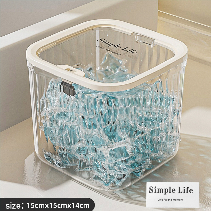 Artefact de depozitare a perlelor detergentului de rufe, cutie de depozitare a prafului de rufe, găleată, borcan, cutie specială de depozitare cu etanșare a perlelor pentru mașina de spălat vase, tip presare