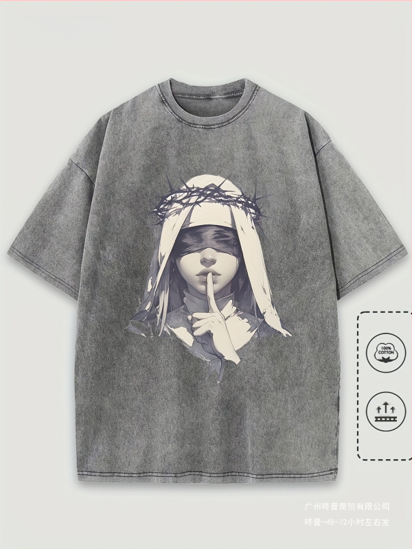 1 darab férfi lezser mintás póló, tiszta pamut rövid ujjú, művészi bekötött szemű nő szögesdrót mintával, laza szabású