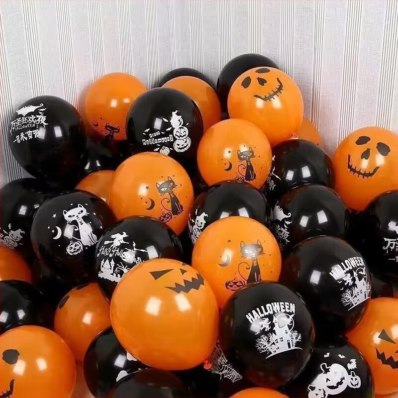 12 colių Helovino balionų baro prekybos centro dekoracija, vaiduoklių festivalis, siaubas, juodas oranžinis moliūgų šikšnosparnio skeletas