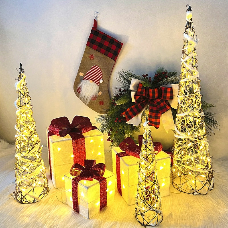 Karácsonyi díszek kovácsoltvas világító ajándékdoboz karácsonyfa fejdíszek jelenet elrendezés ablak kúp dekoráció