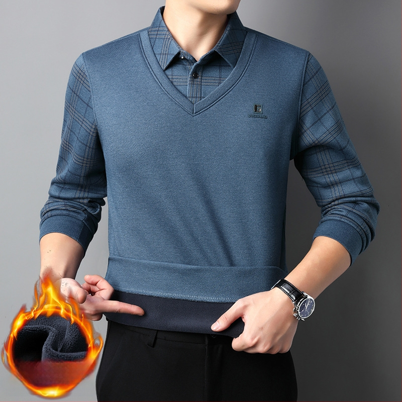 Férfi téli hosszú ujjú, polár bélésű, hamis kétrészes póló, üzleti felső, laza, vastagított, meleg kétrészes szett férfiaknak