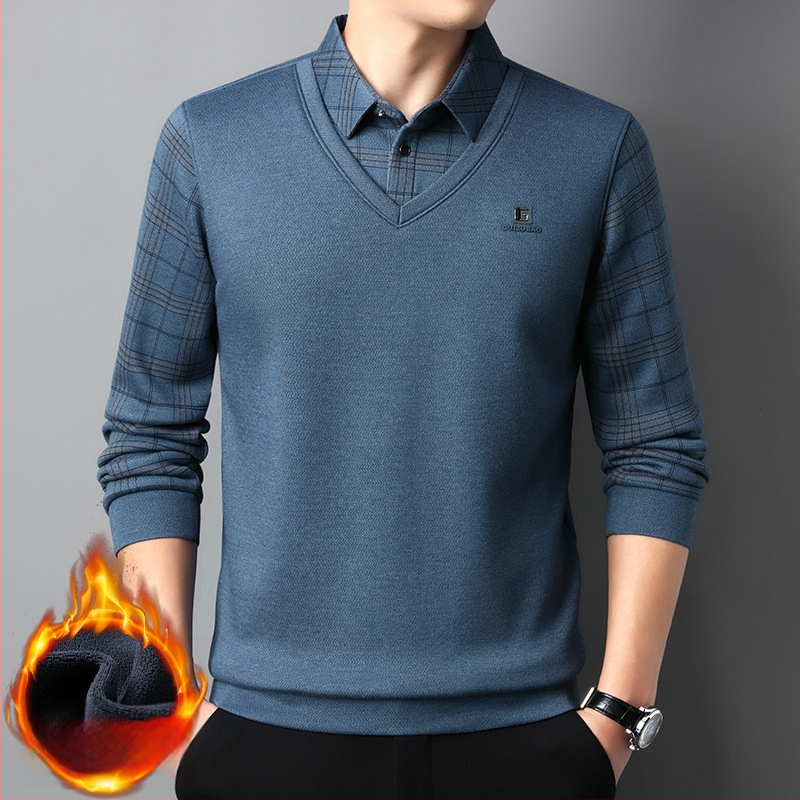 Férfi téli hosszú ujjú, polár bélésű, hamis kétrészes póló, üzleti felső, laza, vastagított, meleg kétrészes szett férfiaknak