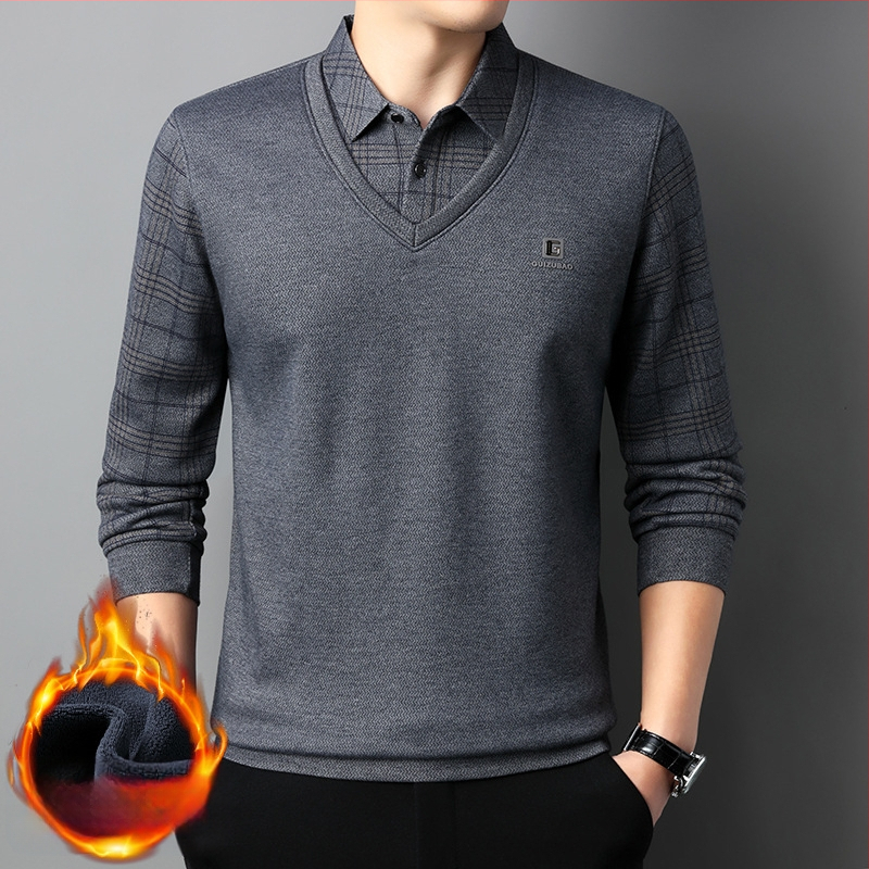 Férfi téli hosszú ujjú, polár bélésű, hamis kétrészes póló, üzleti felső, laza, vastagított, meleg kétrészes szett férfiaknak