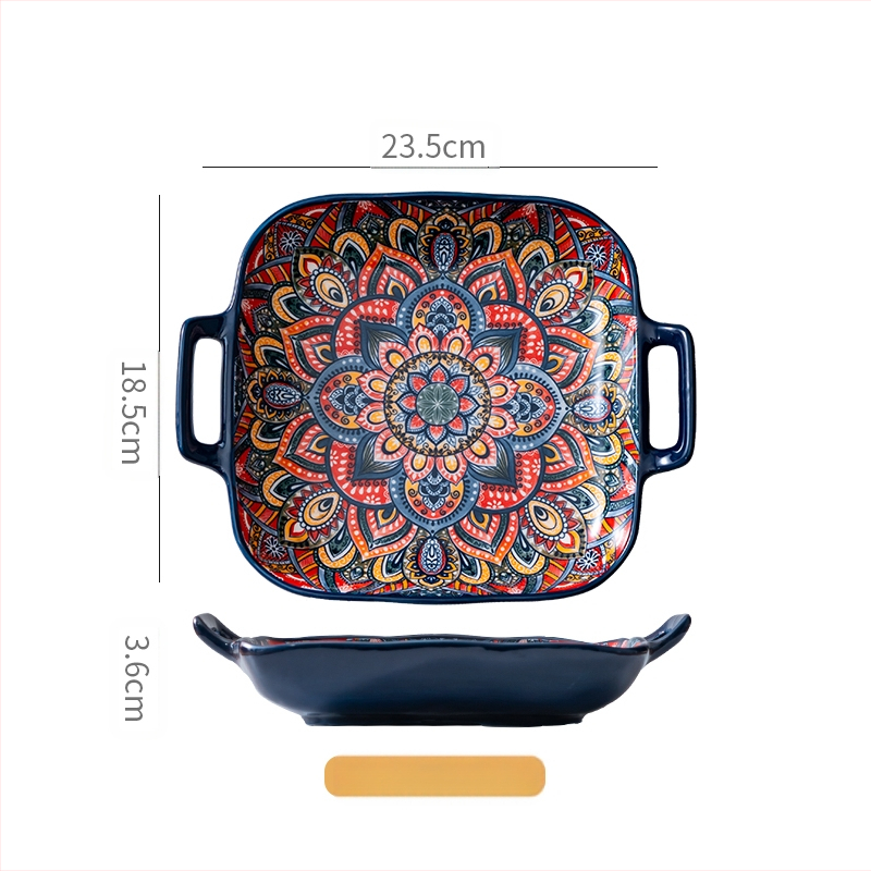 Bohemiška keraminė kvadratinė lėkštė su dviem ausimis, skirta naudoti namuose, vertingiems patiekalams, vaisiams, makaronams, tinkama naudoti orkaitėje ir mikrobangų krosnelėje