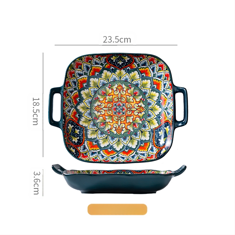 Bohemiška keraminė kvadratinė lėkštė su dviem ausimis, skirta naudoti namuose, vertingiems patiekalams, vaisiams, makaronams, tinkama naudoti orkaitėje ir mikrobangų krosnelėje