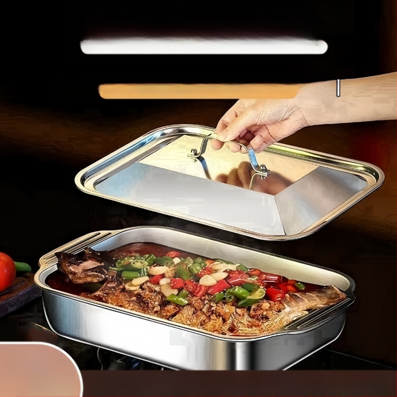 Δίσκος ψητού ψαριού από ανοξείδωτο ατσάλι με καπάκι και λαβή, δίσκος ψησίματος με παχύρρευστο λάστιχο για καραβίδες, δίσκος θαλασσινών σε απόθεμα, χονδρική πώληση