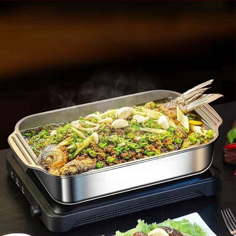 Δίσκος ψητού ψαριού από ανοξείδωτο ατσάλι με καπάκι και λαβή, δίσκος ψησίματος με παχύρρευστο λάστιχο για καραβίδες, δίσκος θαλασσινών σε απόθεμα, χονδρική πώληση