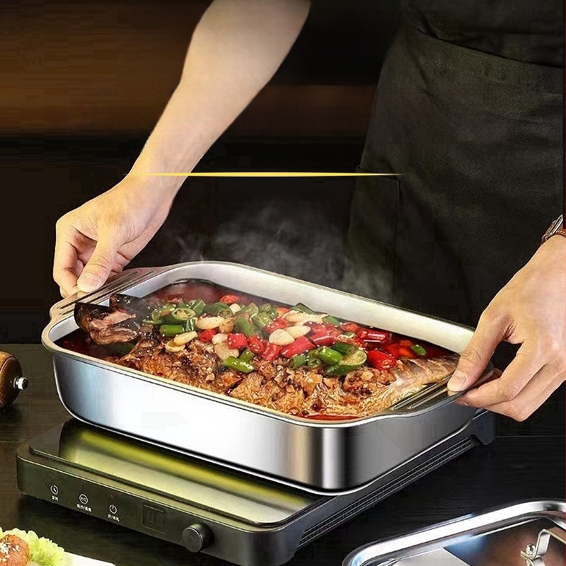 Δίσκος ψητού ψαριού από ανοξείδωτο ατσάλι με καπάκι και λαβή, δίσκος ψησίματος με παχύρρευστο λάστιχο για καραβίδες, δίσκος θαλασσινών σε απόθεμα, χονδρική πώληση