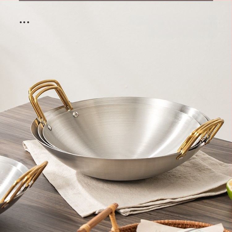 Nerūdijančio plieno keptuvė su nepridegančia danga, skirta naudoti namuose, apvaliu dugnu, nedengta geležinė keptuvė namams, maistui skirta keptuvė su dviguba rankena