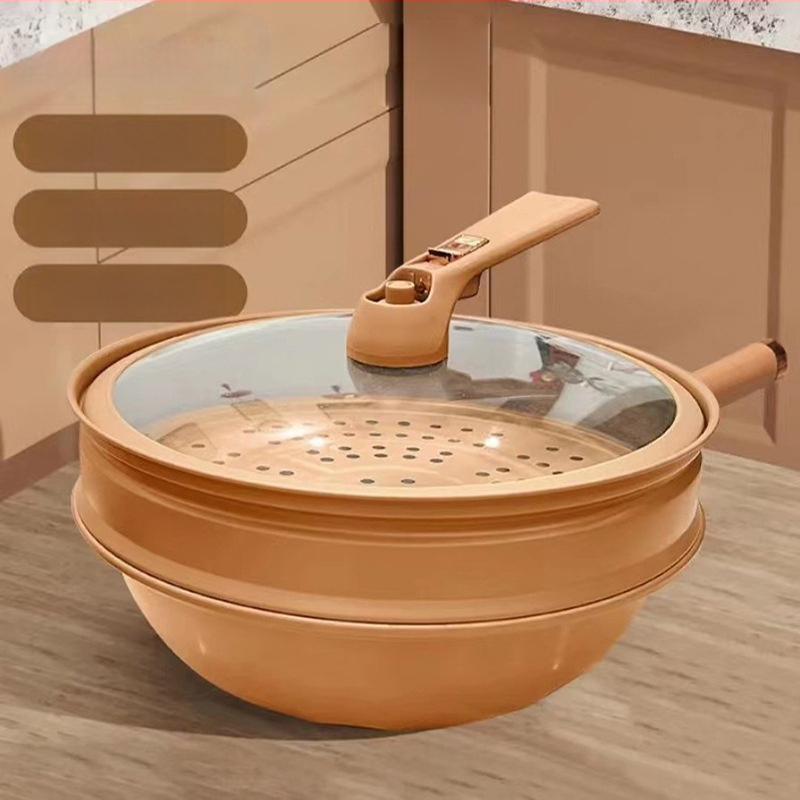 Uus multifunktsionaalne savipott aurutiga, lameda põhjaga wok-pann, katmata tervisepott, aurutamiseks ja keetmiseks mõeldud kõik-ühes pott kingitusena