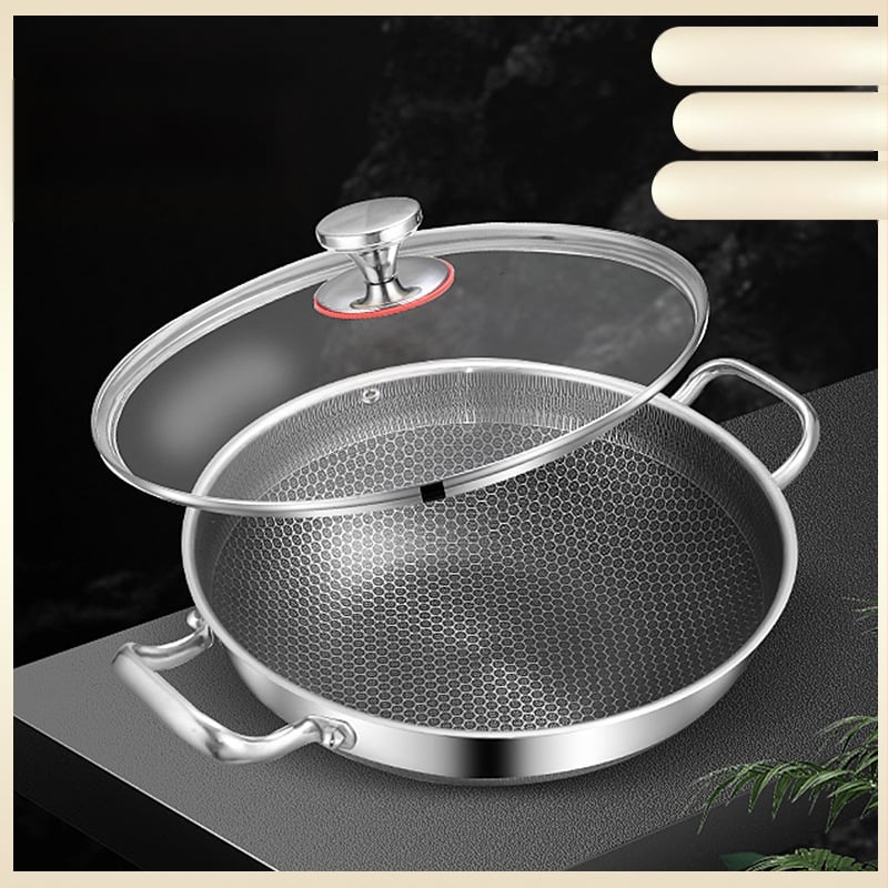 Dvipusis korio formos kepimo indas, specialus storas nerūdijančio plieno nelimpantis sriubos puodas, universali keptuvė, tarpvalstybinis didmeninis dovanų puodas