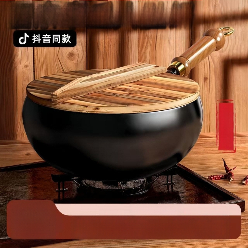 Tradicinė Zhangqiu didelio pilvo geležinė keptuvė namams, rankomis kalta, be dangos, nelimpanti