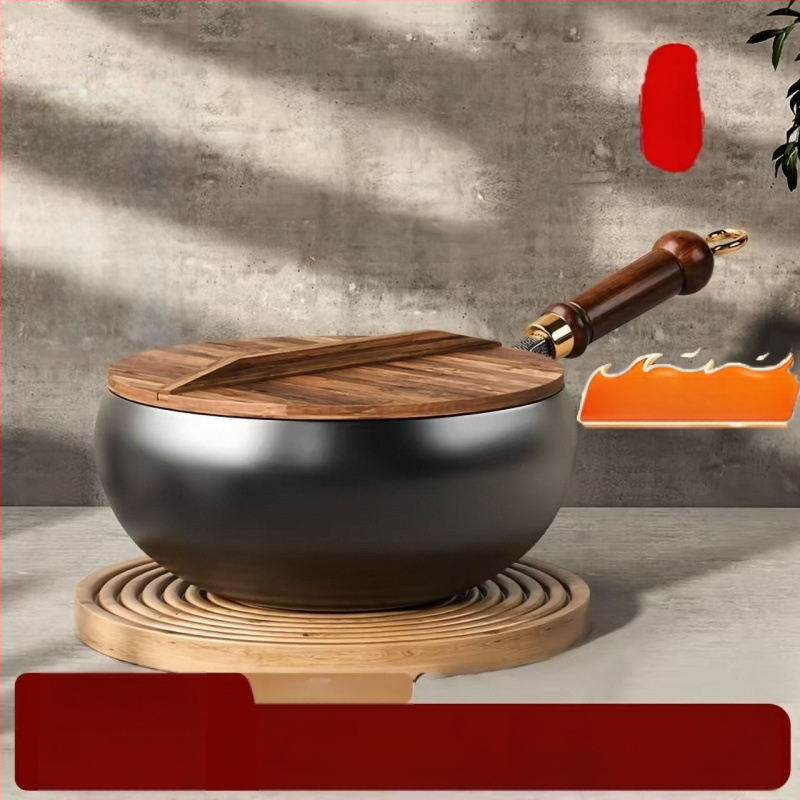 Tradicinė Zhangqiu didelio pilvo geležinė keptuvė namams, rankomis kalta, be dangos, nelimpanti