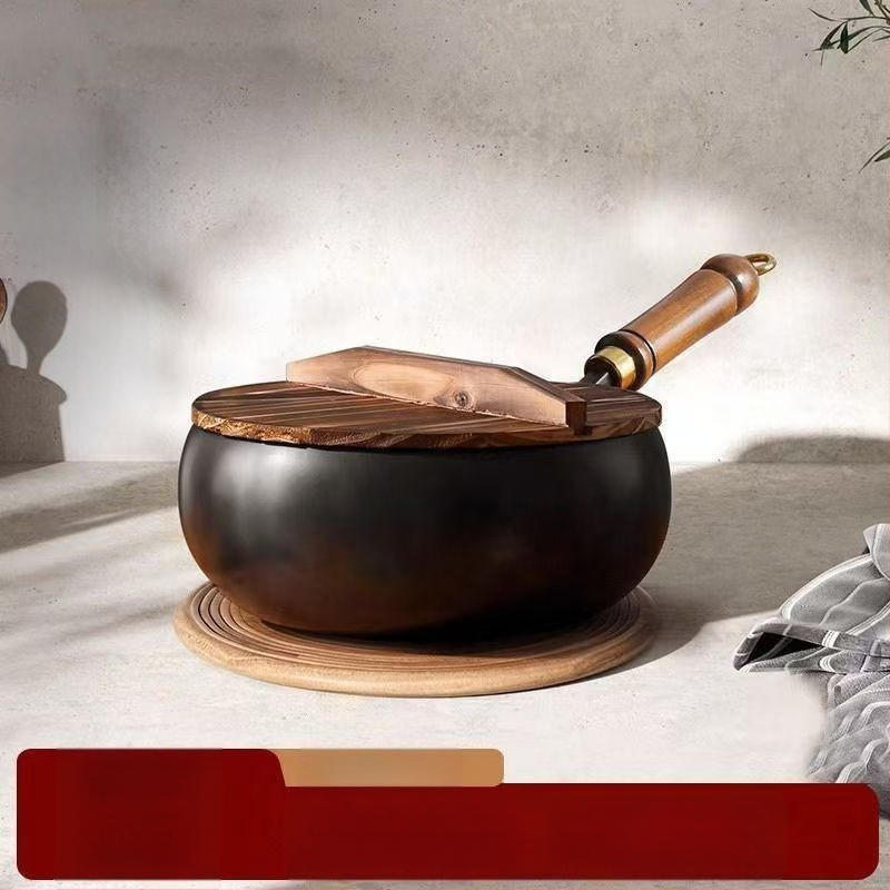 Tradicinė Zhangqiu didelio pilvo geležinė keptuvė namams, rankomis kalta, be dangos, nelimpanti