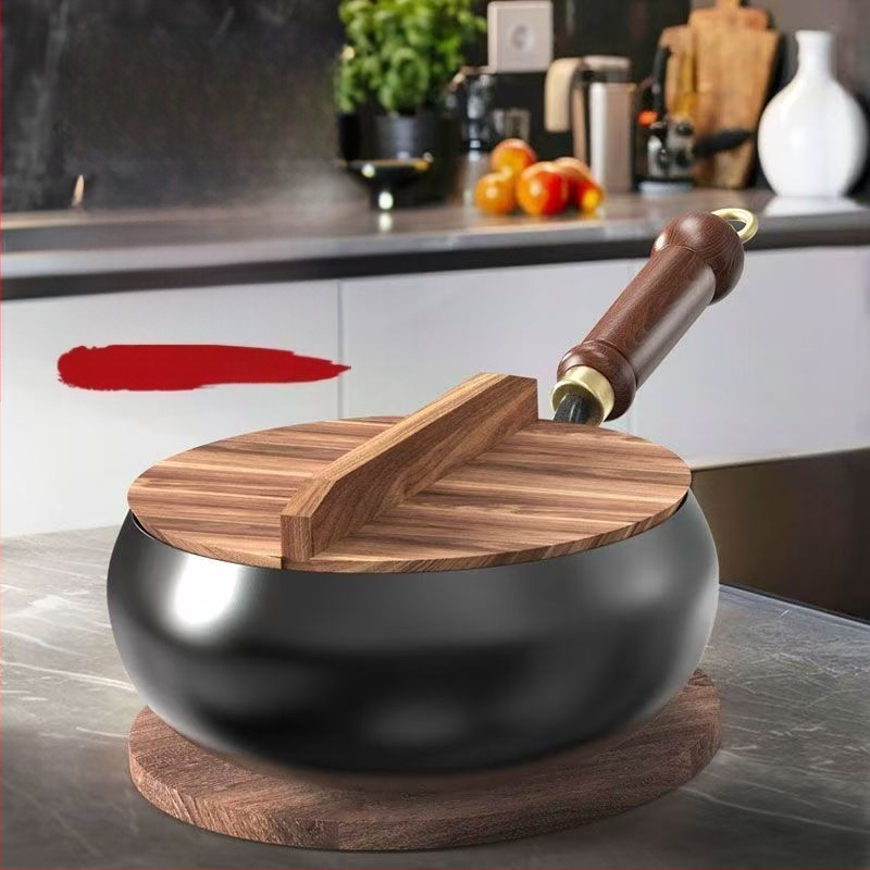 Tradicinė Zhangqiu didelio pilvo geležinė keptuvė namams, rankomis kalta, be dangos, nelimpanti