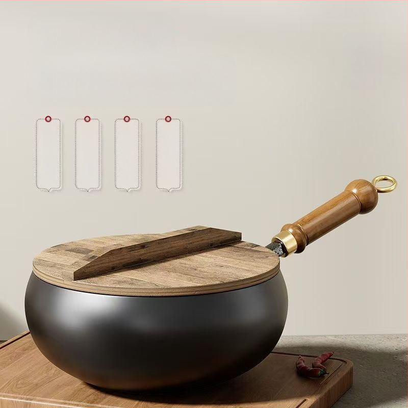 Tradicinė Zhangqiu didelio pilvo geležinė keptuvė namams, rankomis kalta, be dangos, nelimpanti