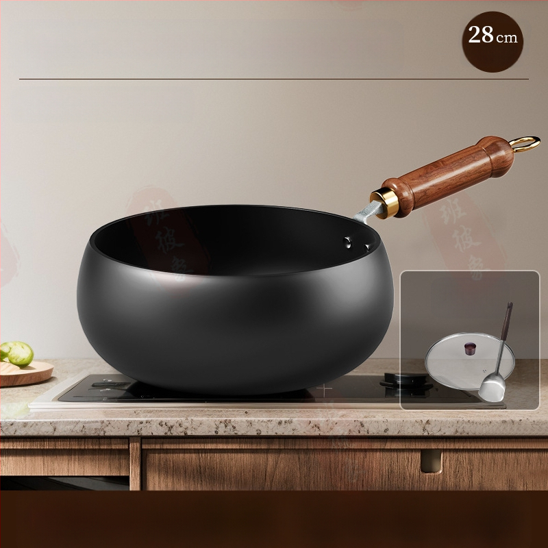 Tradicinė Zhangqiu didelio pilvo geležinė keptuvė namams, rankomis kalta, be dangos, nelimpanti