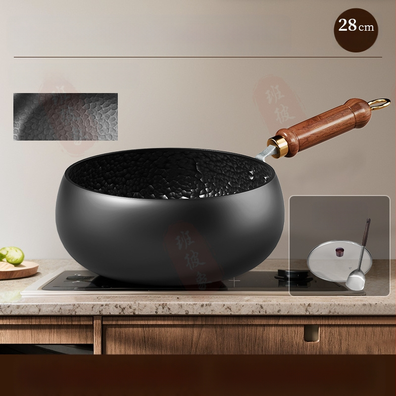 Tradicinė Zhangqiu didelio pilvo geležinė keptuvė namams, rankomis kalta, be dangos, nelimpanti