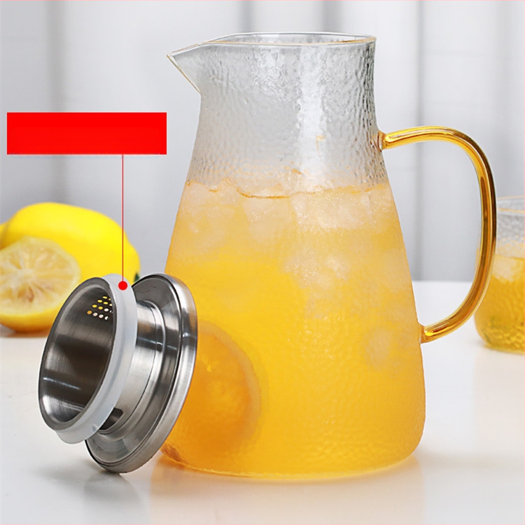 Kaltinis borosilikatinio stiklo sulčių puodelis su nerūdijančio plieno dangteliu, spalvinga rankena, arbatinukas su didele talpa, šaltas virdulys