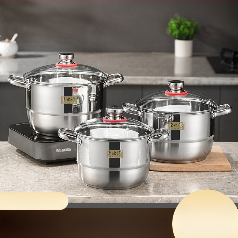 Nerūdijančio plieno virtuvės reikmenų rinkinys, aštuonių dalių rinkinys, didelės talpos dvigubo ausies puodas su garuose virtomis sriubos griežinėliais