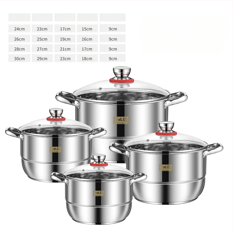 Nerūdijančio plieno virtuvės reikmenų rinkinys, aštuonių dalių rinkinys, didelės talpos dvigubo ausies puodas su garuose virtomis sriubos griežinėliais