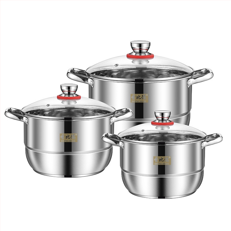 Nerūdijančio plieno virtuvės reikmenų rinkinys, aštuonių dalių rinkinys, didelės talpos dvigubo ausies puodas su garuose virtomis sriubos griežinėliais