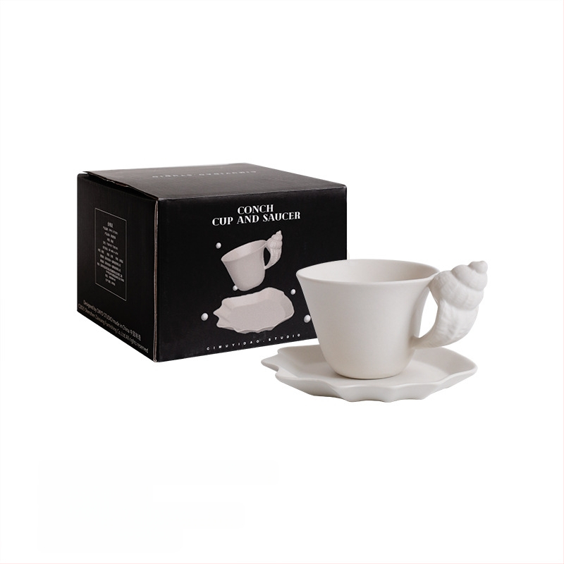 „Conch Cup“ 1 vnt. kūrybingas matinis keraminis kavos puodelis ir lėkštutė su retro reljefiniu „shell“ ženklu poros puodelio dovana