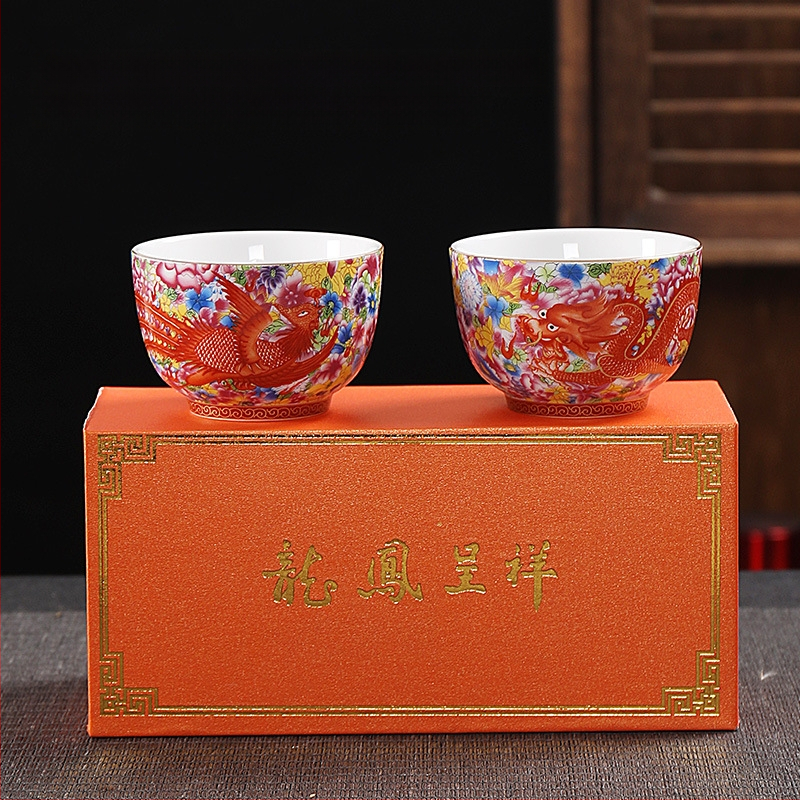 Naujas emaliuotas arbatos puodelis „Dehua Cloisonne Craft“ drakono ir fenikso poros puodelis, didelės talpos, aukštos kokybės palydėjimo ceremonija