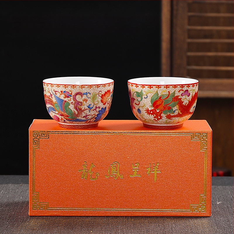 Naujas emaliuotas arbatos puodelis „Dehua Cloisonne Craft“ drakono ir fenikso poros puodelis, didelės talpos, aukštos kokybės palydėjimo ceremonija
