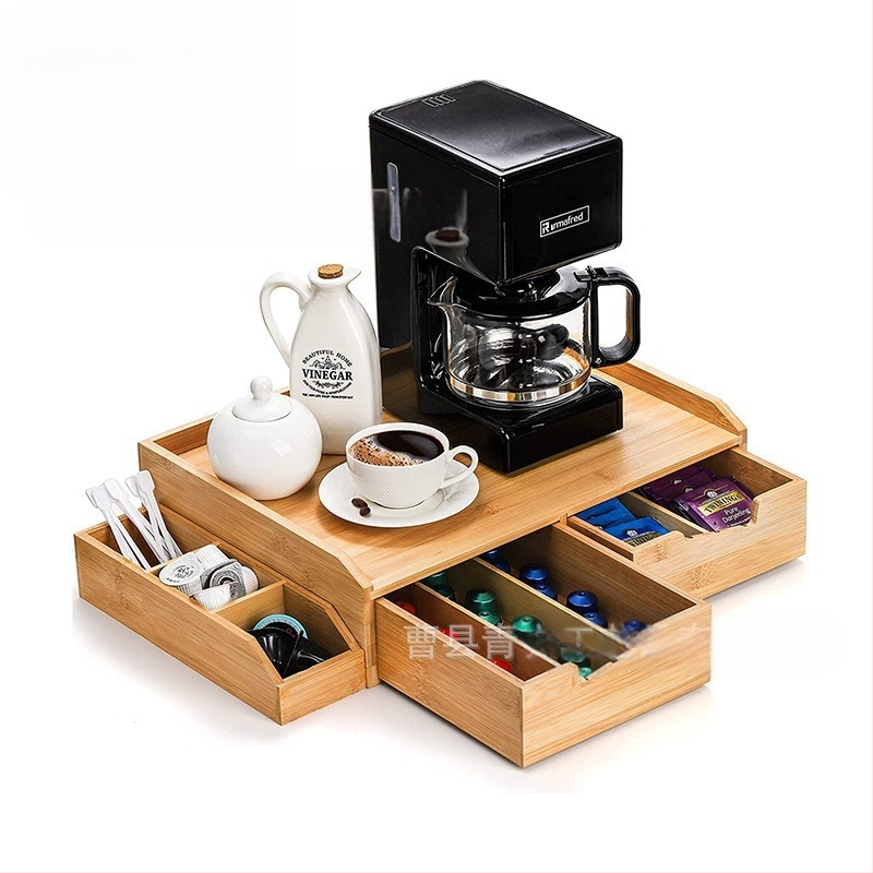 Piiriülene bambusest teekoti hoiukarp, väljatõmmatav kohvikapslikarp, bambusest ja puidust karp sahtliga