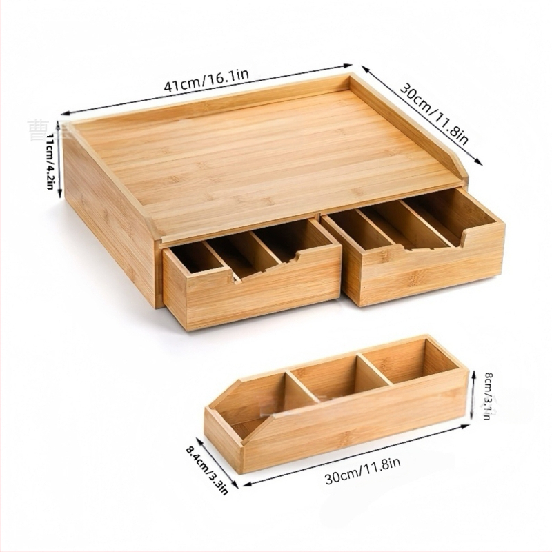 Piiriülene bambusest teekoti hoiukarp, väljatõmmatav kohvikapslikarp, bambusest ja puidust karp sahtliga