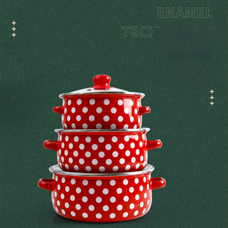 „Crossborder“ sprogstamasis emaliuotas sriubos puodas su raudonu dugnu, baltais taškeliais, trijų puodų rinkinys, 671EDG