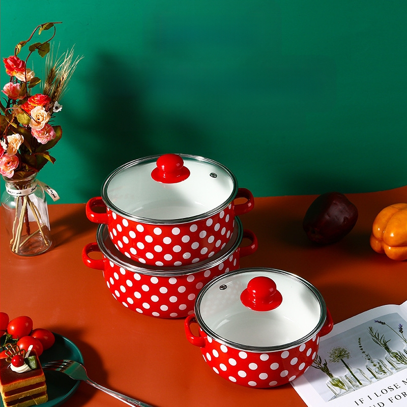 „Crossborder“ sprogstamasis emaliuotas sriubos puodas su raudonu dugnu, baltais taškeliais, trijų puodų rinkinys, 671EDG