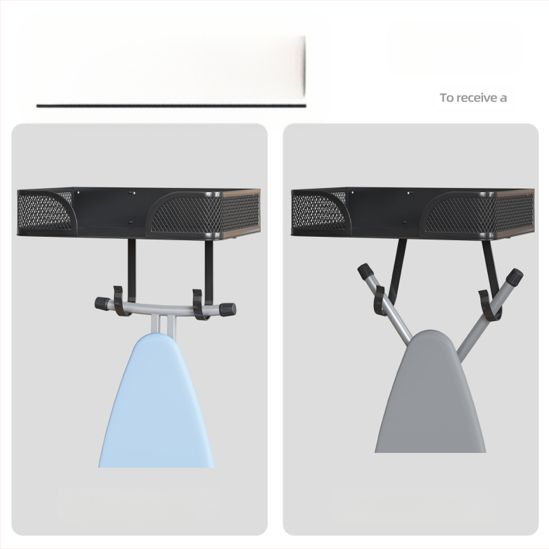 Prie sienos tvirtinamas lyginimo lentos stovas, prie sienos pakabinama lyginimo lenta, lygintuvo laikymo laikiklis, už durų montuojama skalbyklos daiktų laikymo krepšelių sistema