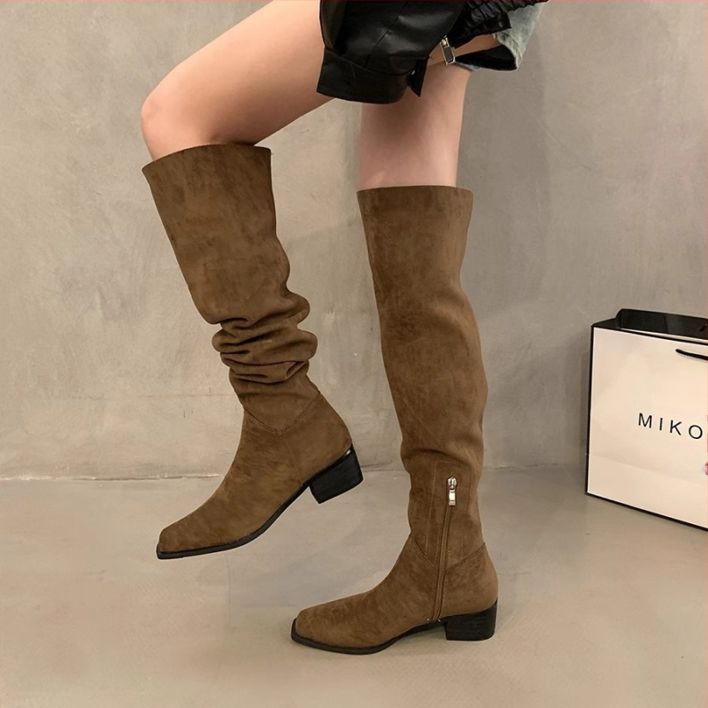 Lovagcsizma, bolyhos csizma, 2025 tavaszi és őszi új, szögletes orrú, vastag sarokú, rakott csizma, nyugati cowboy csizma, női csizma