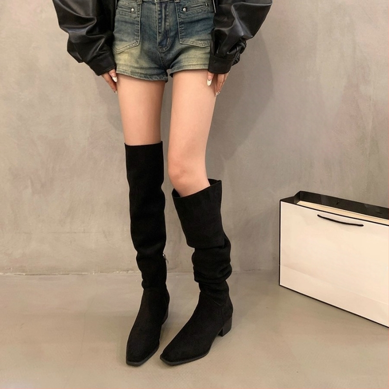 Lovagcsizma, bolyhos csizma, 2025 tavaszi és őszi új, szögletes orrú, vastag sarokú, rakott csizma, nyugati cowboy csizma, női csizma