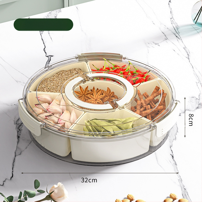 Šešių skyrių besisukanti vaisių lėkštė su rankena, sandari drėgmei atspari džiovintų vaisių lėkštė, prieskonių dėžutė, didelė buitinė užkandžių dėžutė su dangteliu